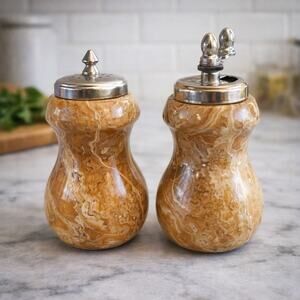 Vintage Banded Onyx Marble Salt & Pepper Grinder Set Made In Italy MCM